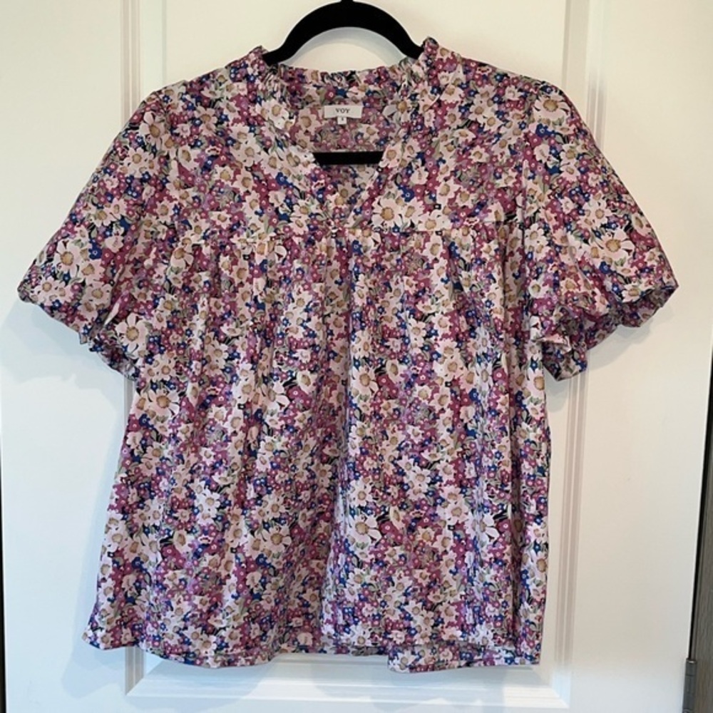 VOY Women's Floral Short Puff Sleeve Top Preppy Bohemian Career Blouse